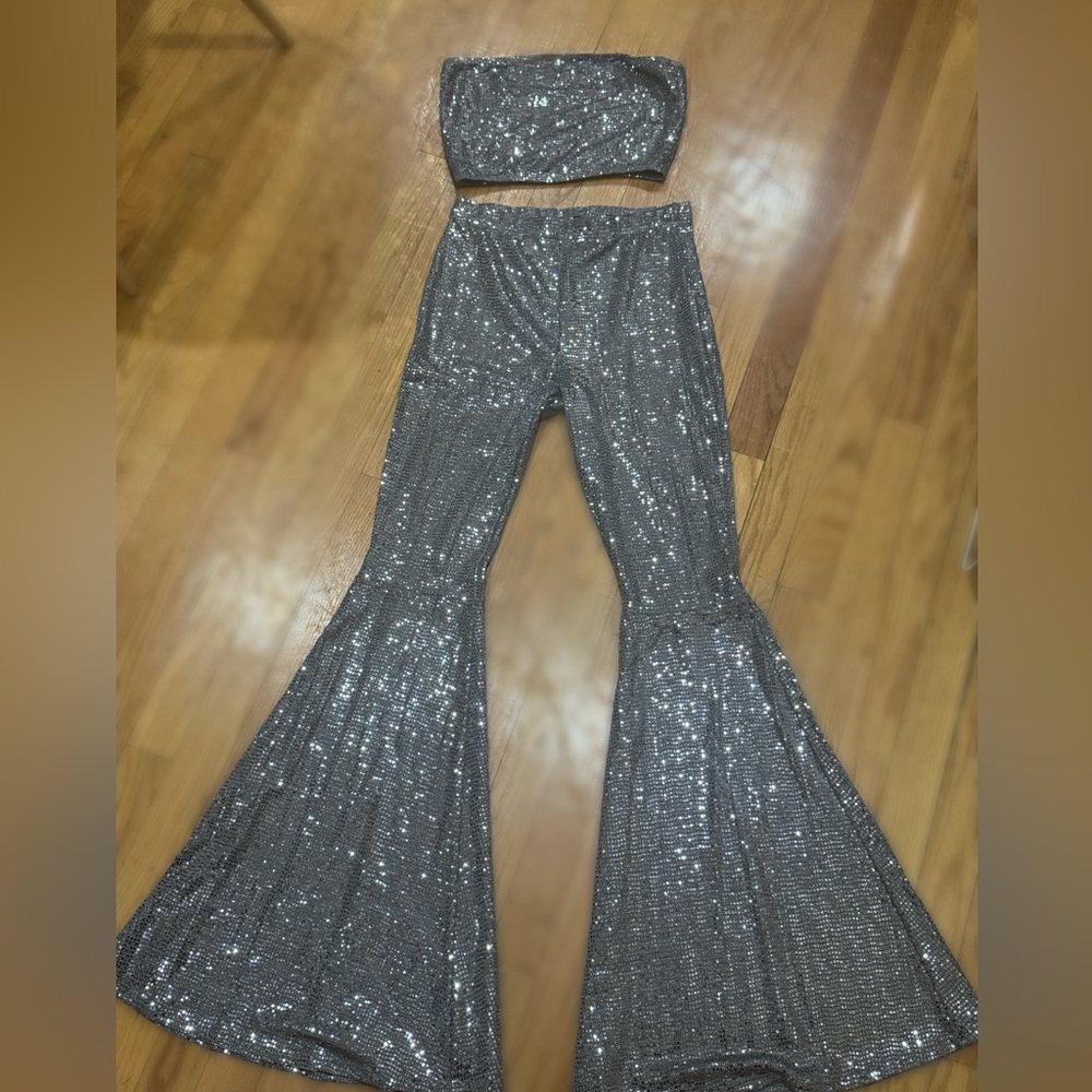 Silver sequin Bandeau top and Flare pants set